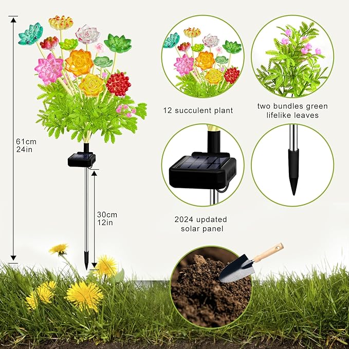 Kohlrabi Solar Garden Lights Outdoor, 2 Pack Upgraded Succulent Solar Lights, Mothers Day Gifts for Woman Mom Grandmom, Succulent Plant Yard Decor Waterproof for Lawn Patio Pathway