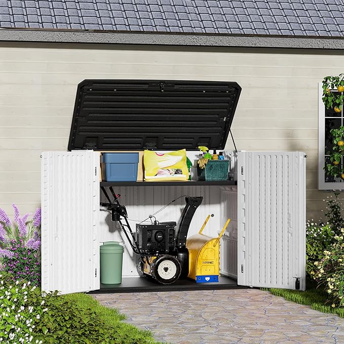 HOMSPARK Storage Shed Weather Resistance, Multi-Purpose Outdoor Storage Cabinet for Backyards and Patios, Horizontal Storage Shed for Lawnmower, Patio Accessories (Off-White, Large - 48 cu.ft)