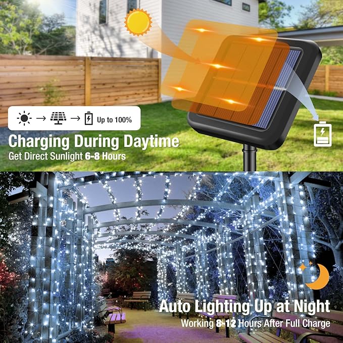 btfarm 4 Pack Solar String Lights Outdoor, Extra Long 480LED 156Ft Solar Christmas Lights Outside Waterproof, 8 Modes Solar Powered Tree Twinkle Light for Garden Yard Patio Party Decoration,Cool White