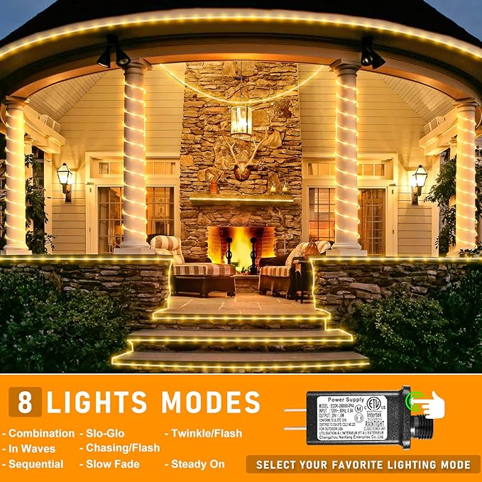 Rope Lights for Outside, 66FT 200 LED Rope Lights Outdoor/Indoor with Waterproof 8 Modes, Connectable Plug in Christmas Tree Light for Bedroom Pool Garden Party Holiday Decorations, Warm White