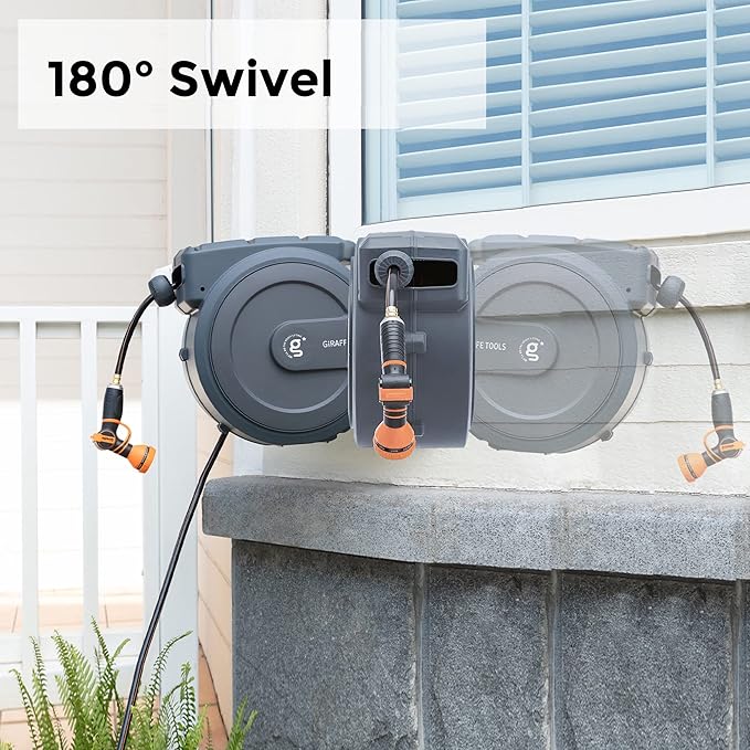 Giraffe Tools AW30 1/2MB Retractable Garden Hose Reel 1/2" x 100 ft PRO Metal Bracket, Heavy Duty, Any Length Lock Hose Reel, 100 ft, Dark Grey