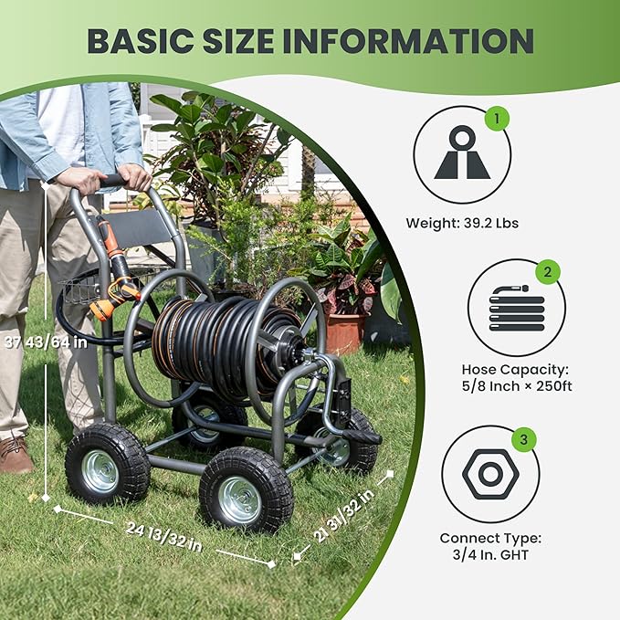 Giraffe Tools Hose Reel Cart, Hose Cart with Wheels Heavy Duty, Industrial Hose Reels for Outside, 250-Feet of 5/8" Hose Capacity, Hose Guide Pre-Installed