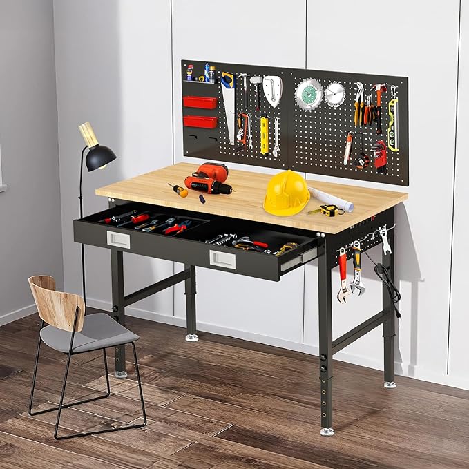 48" Workbench with Drawers, Adjustable Height Work Bench 2000 LBS Heavy-Duty Work Table Rubber Wood Work Station with Power Outlet & Pegboard for Garage, Office, Workshop, Home, Party Shop