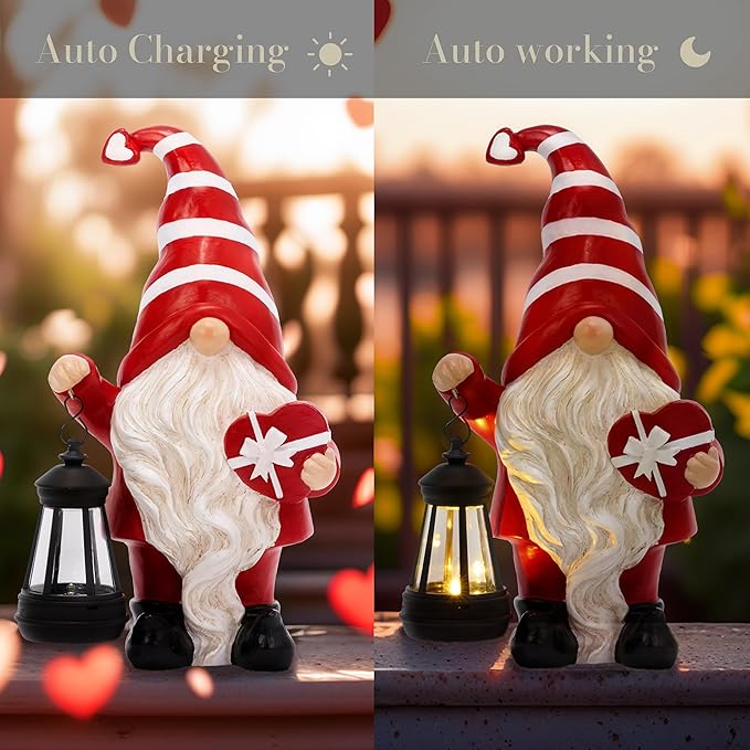 TERESA'S COLLECTIONS Garden Gnome Decorations for Outside, Resin Gnomes Holding Heart-Shaped Gift Box and Solar Lantern, Outdoor Decor for Mom, Wife and Women, 12"