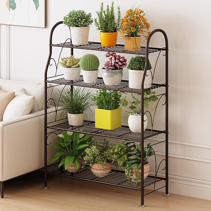 SORCEDAS Plant Stand Indoor Outdoor Plant Shelf 4 Tier Metal Corner Flower Stand Multiple Holder for Patio Garden Balcony Living Room ,Bronze