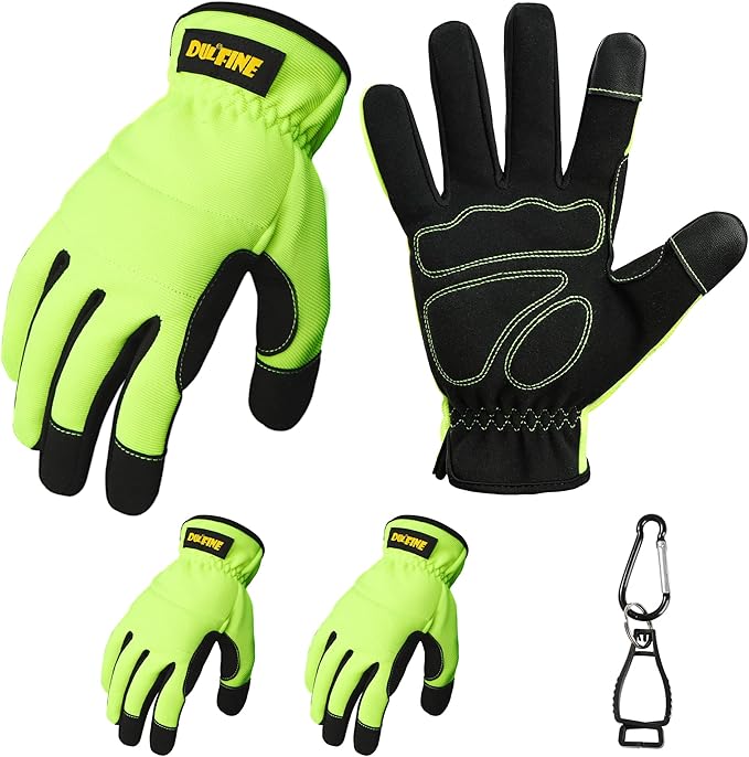 DULFINE High Performance Work Gloves For Men(3 Pairs Pack),Hi-Vis Yellow Color,High Dexterity Touch Screen For Multipurpose,Excellent Grip (XX-Large)