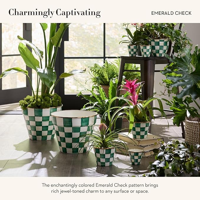 MACKENZIE-CHILDS Enamel Garden Pot, Decorative Pot for Plants, Outdoor Flowerpot Decor, Small, Green-and-White Emerald Check