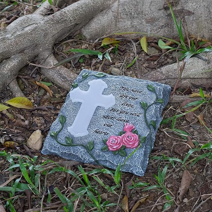 Cross Solar Lights Outdoor Garden Memorial Stepping Stone, IP65 Waterproof is Used for Walls or Lawns, A Touching Memorial Gift & Condolence Gifts Grave Decorations for Cemetery