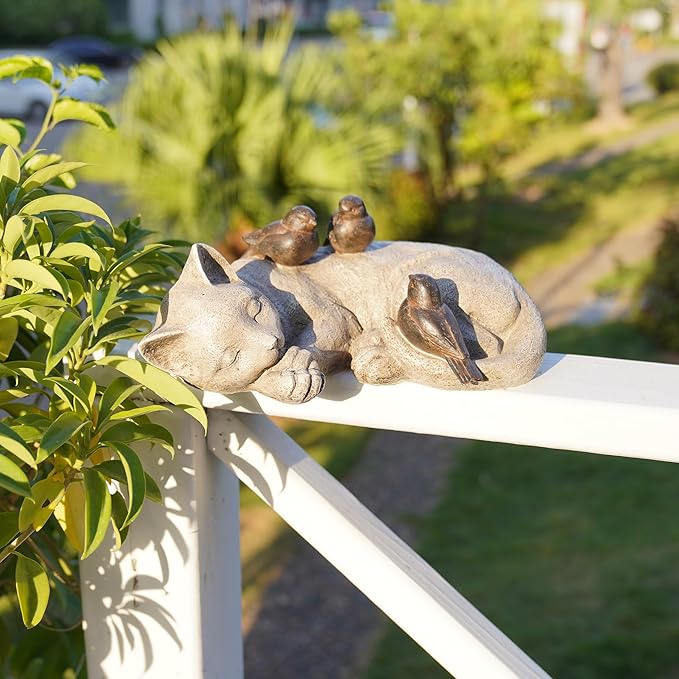 Sleeping Cat Garden Statues Outdoor - 12"Sparrows On Cat Figurine Memorial Statue Grave Markers Garden Resin Sleeping Cat Statues for Garden Decor Outdoor Cat Statue Resin 12" x 8" x 4.5"LC LCdecohome