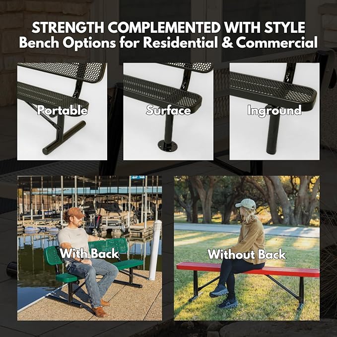 Coated Outdoor Furniture Heavy-Duty Outdoor Bench Thermoplastic Coated, Expanded Metal, Commercial-Grade Seating, Made in America (Inground with Back, 6 Ft, Dark Green)
