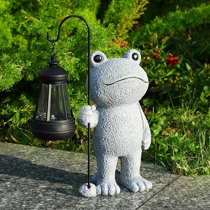 Garden Statue Frog Outdoor Decor, Solar Patio Garden Sculptures & Statues, Resin Garden Decor Gift for Women, Mom, Grandma