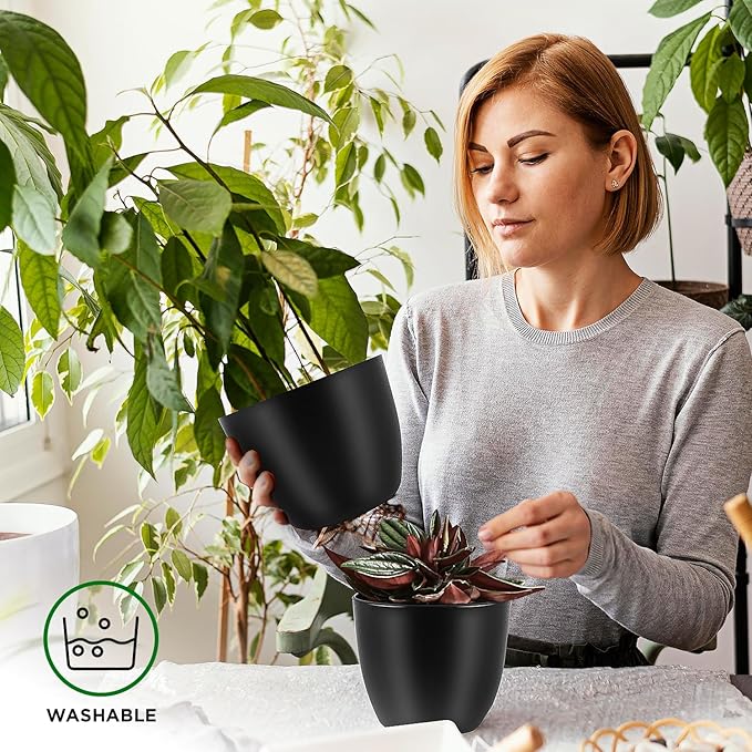 Plant Pots with Multi Drainage Holes - 5 Pieces Versatile, Sturdy Plastic, Stackable Design Home Decor Flower Pots for Indoor and Outdoor Gardening - Black