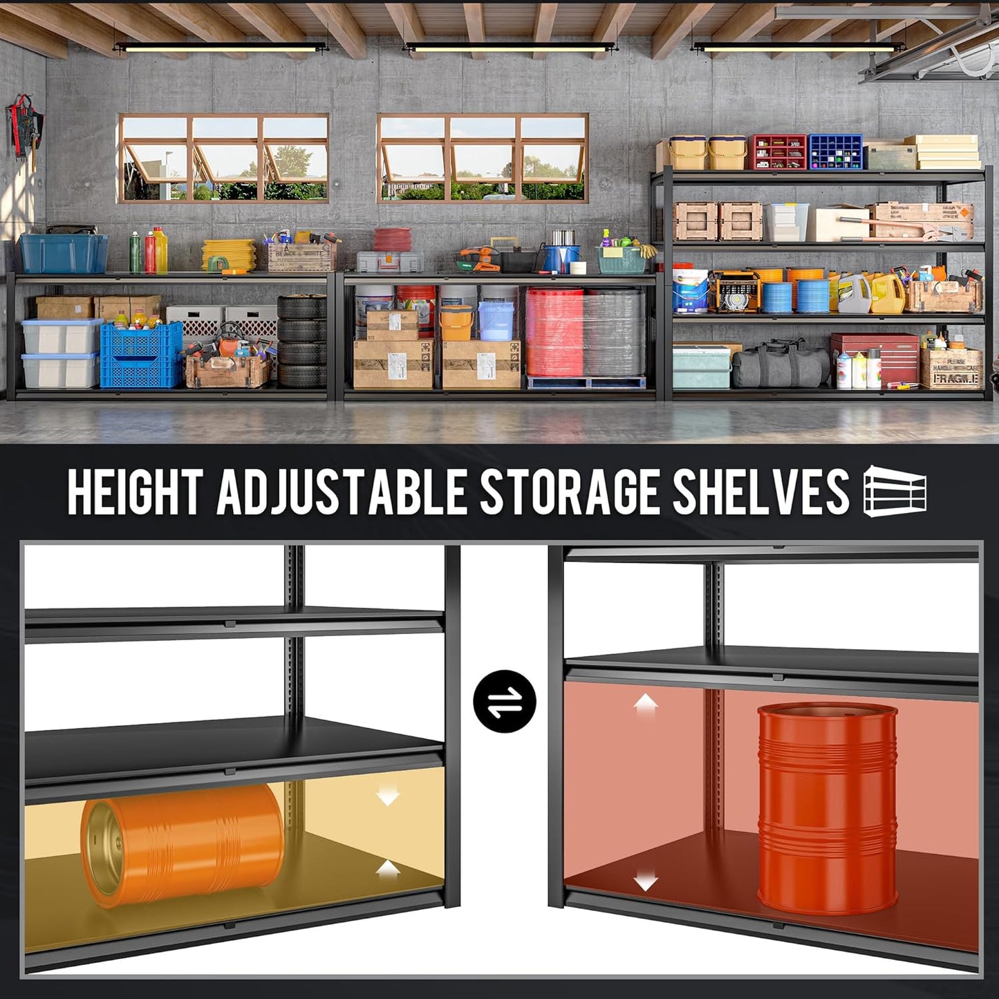 59.8" W x 59.8" H x 24.2" D Metal Storage Shelves, 2120LBS Garage Shelving Unit with Adjustable Shelf, 4 Tier Storage Rack for Garage, Pantry, Warehouse, Basement, Black, 2 Pack