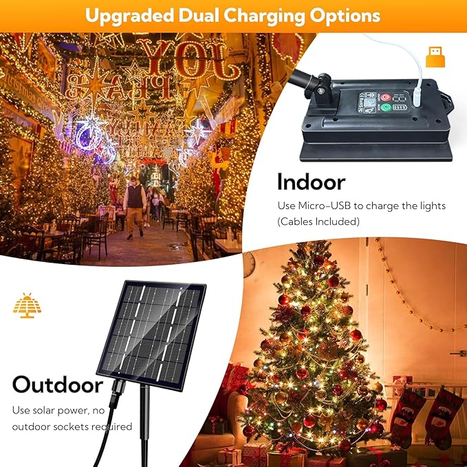 Solar Christmas Lights, 640 LED Solar String Lights 203ft 19 Modes Outdoor String Light for Xmas Trees, Festival, Balcony, Garden Decoration,Warm White