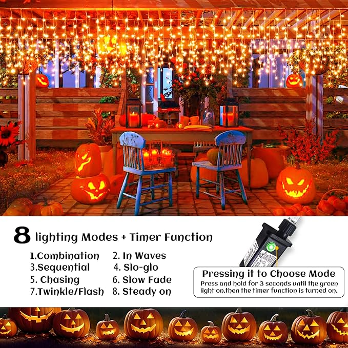 66ft Icicle Lights for Outside, Orange Christmas Lights Outdoor Indoor 640 LED Twinkle String Lights with 120 Drops Clear Wire Short Curtain Lights for Room Home Wall Bedroom Decor