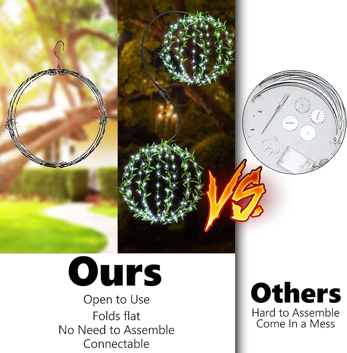 Flacchi Hanging Iron Sphere Lights with Artificial Greenery – 12Inch 120 LED Waterproof Outdoor/Indoor Decor Ball Light with Timer & 8 Modes – 2 Pack for Garden, Christmas, Weddings (Cool White)