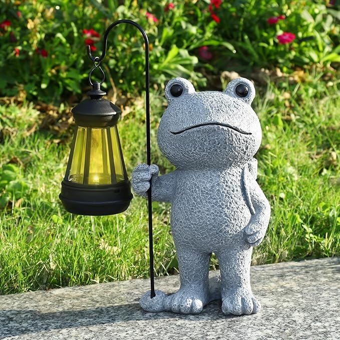 Garden Statue Frog Outdoor Decor, Solar Patio Garden Sculptures & Statues, Resin Garden Decor Gift for Women, Mom, Grandma