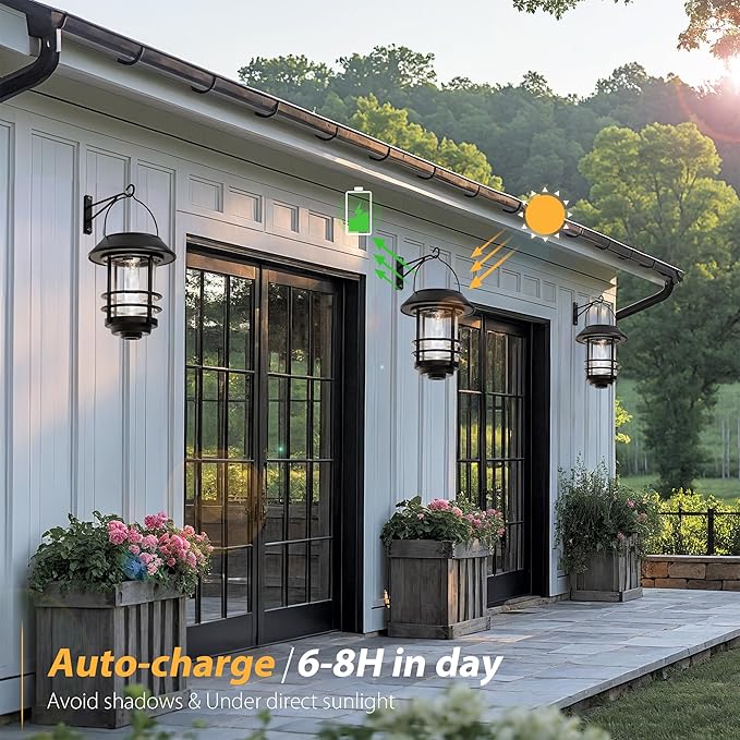 Otdair Solar Lantern Outdoor - 2 Glass Hanging Lights, Waterproof Wall Sconce, Decorative for Front Porch, Yard and Garden