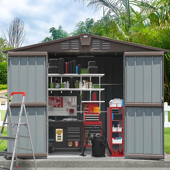 Domi Outdoor Storage Shed 8.2' x 6.2', Metal Steel Utility Tool Shed Storage House with Double Lockable Doors & Air Vents for Backyard Patio Garden Lawn Brown