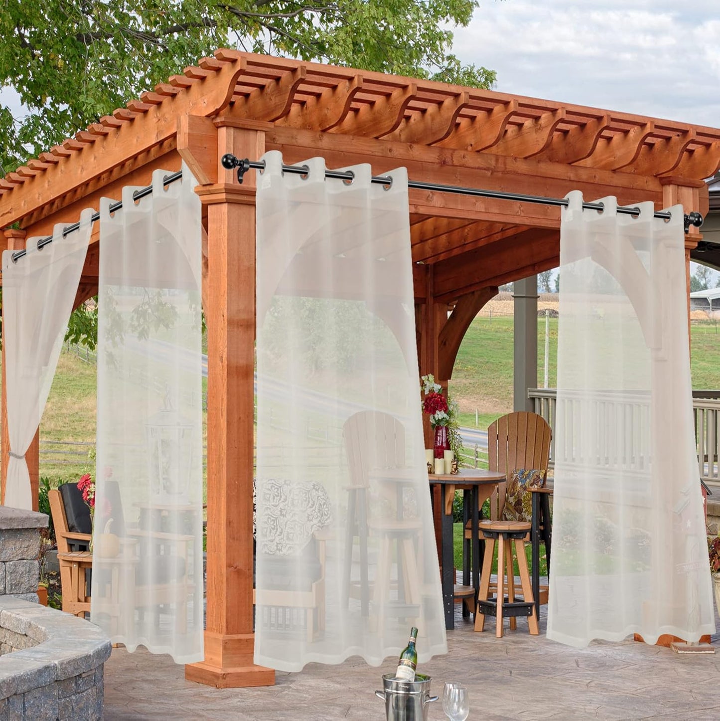 HolidayIdeas Beige Outdoor Sheer Curtains for Patio Waterproof, 4 Panels - 54 x 120 Inch - Light Filtering Voile Outside Curtains Grommet Drapes for Front Porch, Gazebo, Pergola, Backyard