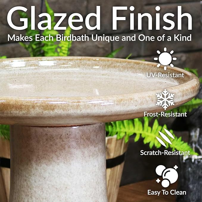 Sunnydaze 21" H Ceramic Bird Bath for Outside - Hand-Painted Outdoor Bird Bath Bowl, UV/Frost-Resistant Finish - Yam - Ribbed Pedestal