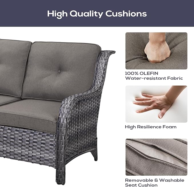 Outdoor Patio Furniture Set with Propane Fire Pit Table, 7 Pieces Wicker Patio Conversation Set with 2 Swivel Glider Rocker Chair Rattan Sofa Grey Cushion Perfect for Casual Gathering