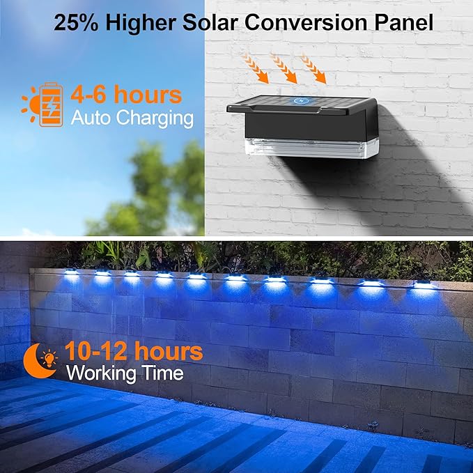 Ellasay Solar Fence Lights Outdoor: IP65 Waterproof RGB Solar Powered with 8 Lighting Modes - Wall Decor for Garden Deck Patio Backyard Balcony 6 Pack