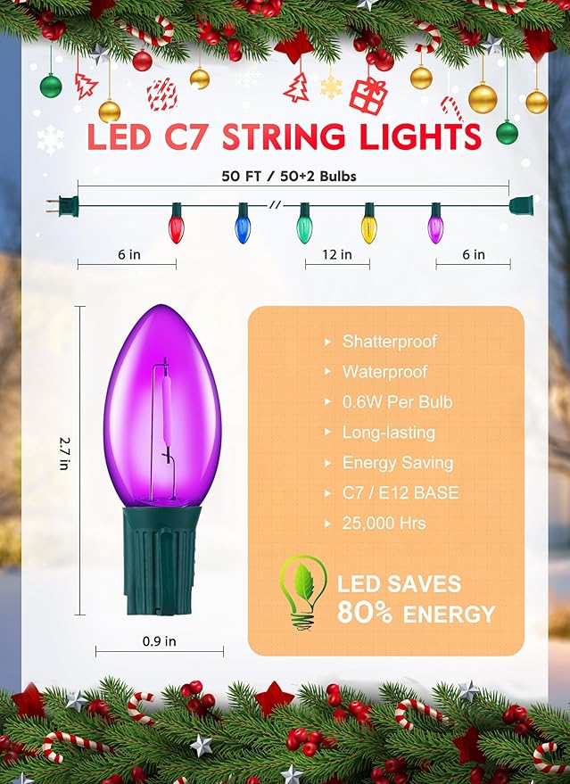 50FT C7 Multicolor Christmas Lights, C7 Vintage Christmas String Lights with 50+2 Plastic Bulbs(2 Spare), Weatherproof Hanging Christmas Lights for Holidays Christmas Tree House Party Patio Decor