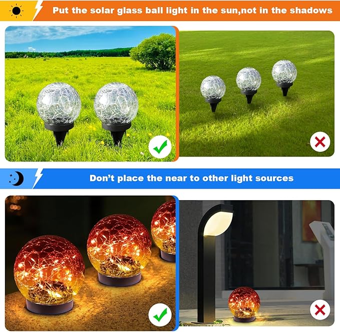 Solar Globe Lights Outdoor Waterproof-Solar Balls-Solar Garden Lights-Solar Orbs for Outside 2 Pack Cracked Glass Ball for Lawn Patio Yard Backyard Decorations