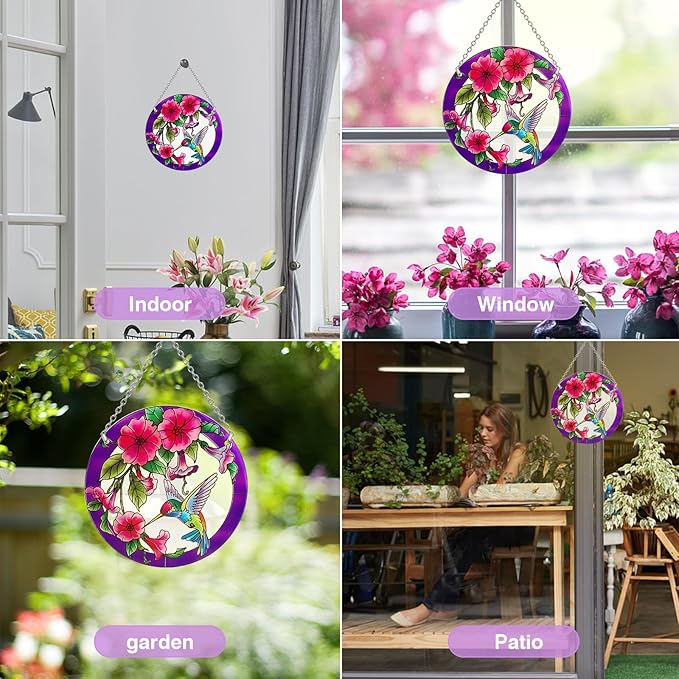 Larger Purple Stained Glass Window Hanging, Hummingbird Gifts for Women, Bird and Flowers Suncatcher, Hummingbird Gifts for Women, Bird and Flowers Suncatcher for Window, Hand Painted Glass