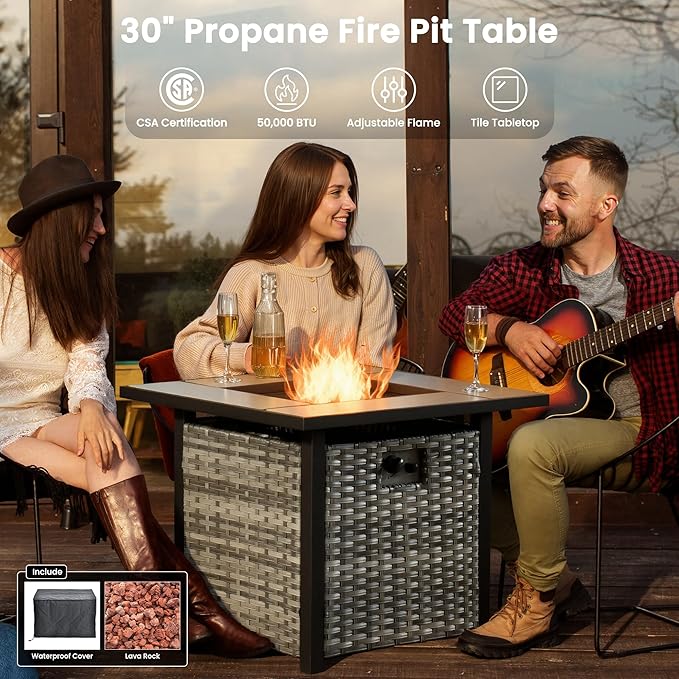 ovios 6 Pieces Patio Furniture Set with 30" Fire Pit Table, Outdoor Wicker Sofa with Ottomans, Comfy Cushions, High Back Couch Conversation Set, Grey Rattan, Denim Blue