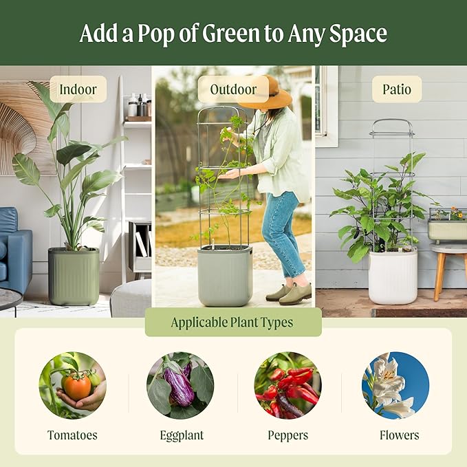 Vego garden Tomato Planter Box with Trellis Self-Watering Rolling Raised Garden Bed for Climbing Vegetables Plants Cage - Sage Green