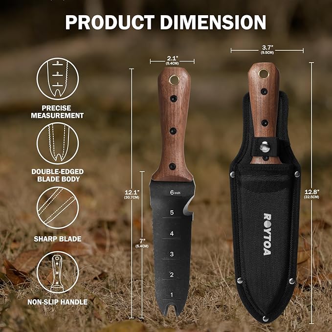 Hori Hori Garden Knife, Garden Tools with Sheath for Weeding,Planting,Digging, 7" Stainless Steel Blade with Cutting Edge, Full-Tang Wood Handle with Hanging Hole