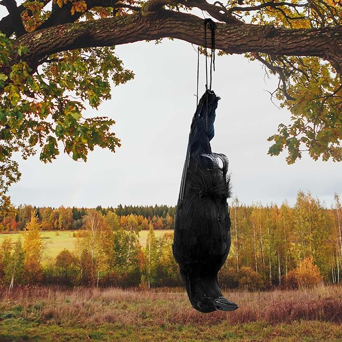 Lewtemi 1 Pcs 17 Inch Realistic Hanging Dead Crows Decoy Life Size Black Feathered Crow Fake Black Crows for Garden Decorations