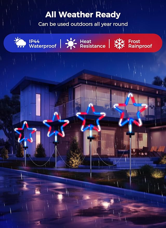 Brightown Red White and Blue Lights, 4th of July Decorations Outdoor, 8 Large Neon Star Pathway Lights Plug in, Patriotic Decorations Fourth of July Decor for Independence Day Garden Yard Outside