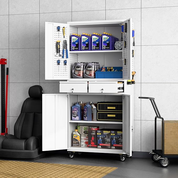 Metal Garage Storage Cabinet with Locking Doors and 2 Adjustable Shelves, Rolling Tool Storage Cabinet with 4 Wheels and 2 Drawer for Garage, Warehouse, White, Assembly Required