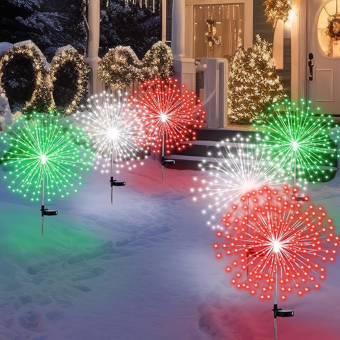 6 Pcs St. Patrick's Day Solar Firework Stake Lights 180 LED 8 Modes Solar Waterproof LED Sparkler Lights Outdoor Decoration for Garden Patio Yard Pathway Walkway Lawn, Red Green White