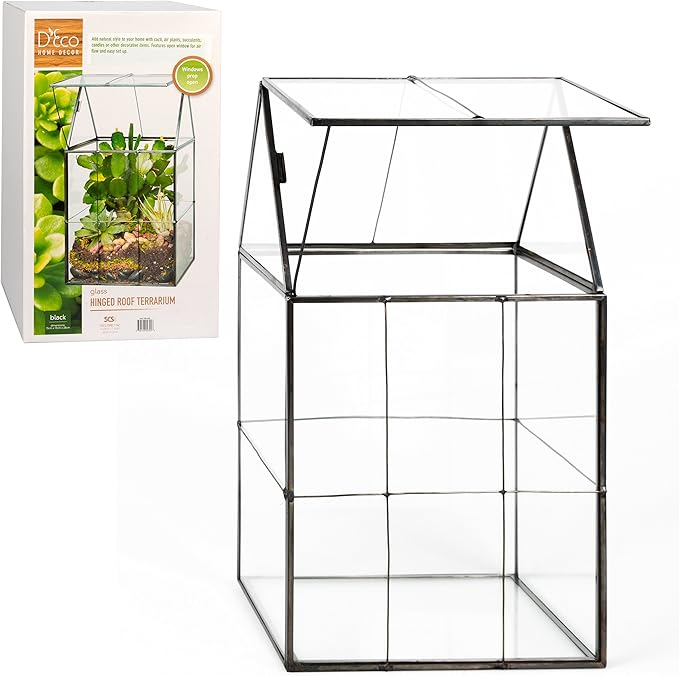 D'Eco Glass Geometric Plant Terrarium (6"x5"x11") - Indoor Tabletop Black Hinged Roof Planter Terrarium for Succulents, Air Plants, Moss - Home, Garden, Wedding & Office Decor- Gift for Plant Lovers