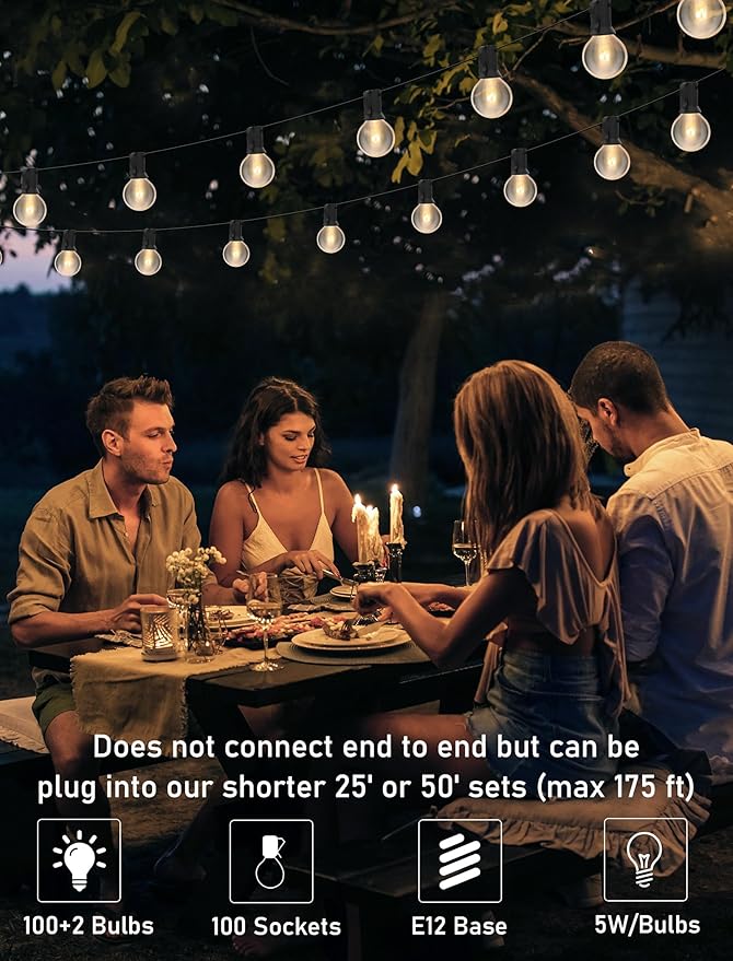 100FT String Lights, G40 Outdoor String Lights Edison Light Bulbs Clear Globe Lights for Backyard Patio Lights Indoor/Outdoor Commercial Decoration -5 Watt/120 Voltage/E12 Base -Black Wire