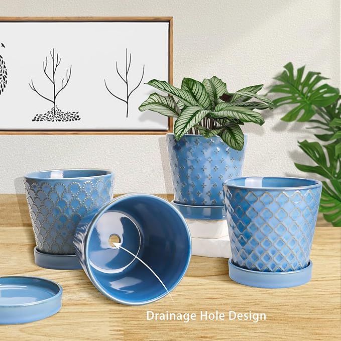 EFISPSS Plant Pots, 5 Inch Pots for Indoor Plants, Planters with Drainage Hole and Saucer, Ceramic Flower Pots Desktop Office Windowsill Decoration Gift Set of 4 - Sky Blue