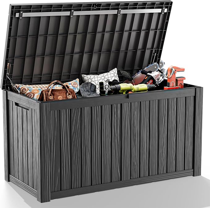150 Gallon Resin Outdoor Deck Box Waterproof Patio Furniture, Garden Tools, Cushions, Pool Accessories Outside Storage (Black, 150 Gallon)