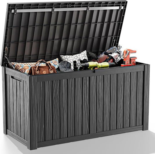 150 Gallon Resin Outdoor Deck Box Waterproof Patio Furniture, Garden Tools, Cushions, Pool Accessories Outside Storage (Black, 150 Gallon)