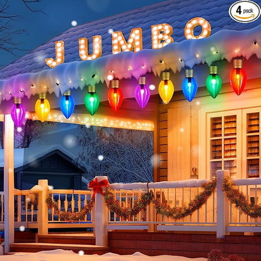 4 Pack Outdoor Christmas Decorations - Jumbo Xmas String Lights or Pathway Marker Lights - Large Multicolored Bulbs Hanging Lights Waterproof Lawn Decoration for Holiday Home Tree Roof Yard Garden