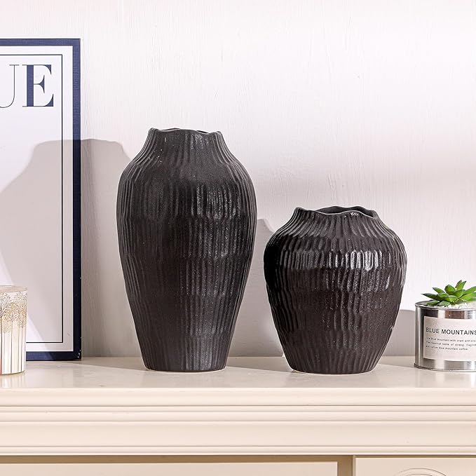 7.8 Inch Black Ceramic Vase - Modern Minimalist Round Vase for Centerpiece, Farmhouse, Living Room-Handcrafted Decorative Design for Dried Flowers, Plants, Home Decor, Rustic & Vintage Styles