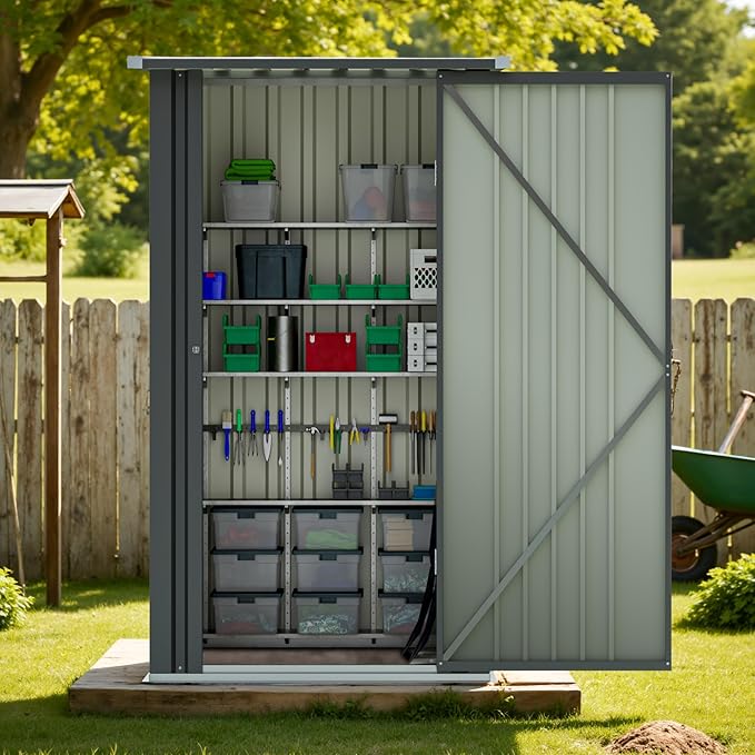 Greesum 3×3FT Outdoor Storage Shed, Metal Sheds with Sloping Roof and Lockable Single Door, Steel Tool Shed for Backyard, Bike, Patio, Garage, Lawn, Black