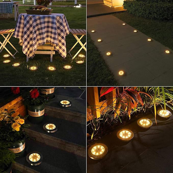ODEETRONIC Solar Ground Lights Outdoor, 12 Packs 8 LED Solar Path Lights, Solar-Powered Disk Light Waterproof, In-ground Puck Light Flat Pathway Lamp for Landscape Pathway Patio Walkway, Warm White