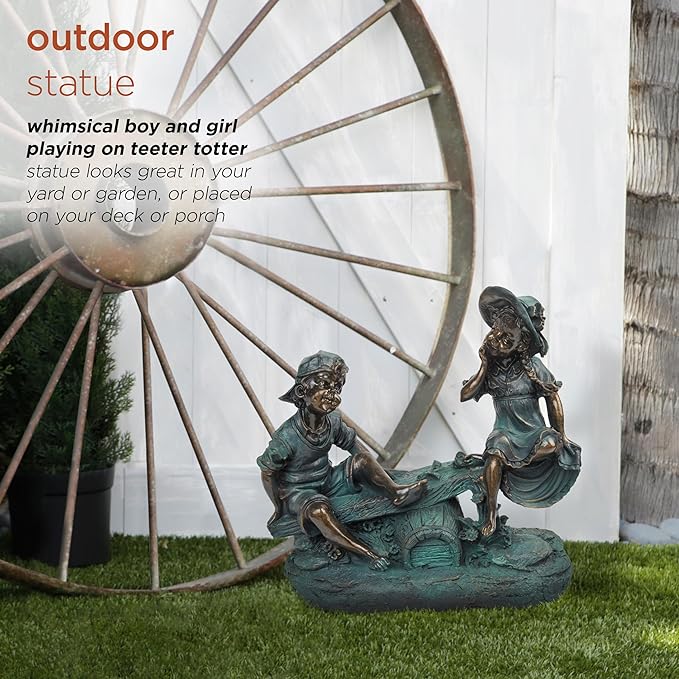 Alpine Corporation 14" Tall Indoor/Outdoor Girl and Boy Playing on Teeter Totter Statue Yard Art Decoration