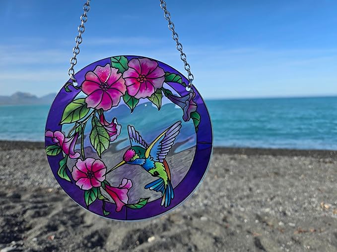 Stained Glass Window Hanging, Hummingbird Gifts for Women, Bird and Flowers Suncatcher for Window, 6" Purple Stained Glass Suncatchers, Hand Painted Glass for Birds Lover (6 inch)
