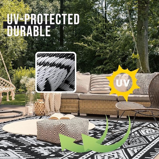 OLANLY Outdoor Rug Waterproof 4x6 ft, Reversible Outdoor Plastic Straw Rug, Boho Patio Rug, Indoor Outdoor Carpet, RV Mat Outside for Patio, Camp, Picnic, Balcony, Deck, Backyard, Black & White