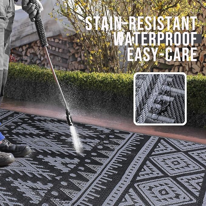 OLANLY Outdoor Rug Waterproof 5x8 ft, Reversible Outdoor Plastic Straw Rug, Boho Patio Rug, Indoor Outdoor Carpet, RV Mat Outside for Patio, Camp, Picnic, Balcony, Deck, Backyard, Black & Grey